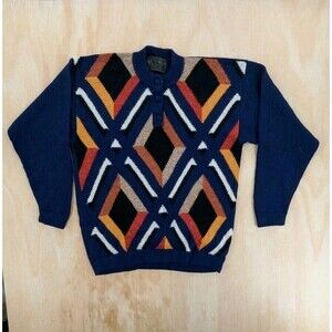 Alpaca World Sz M Geometric Sweater Diamond Pattern Navy Blue PERU Grandpa READ!